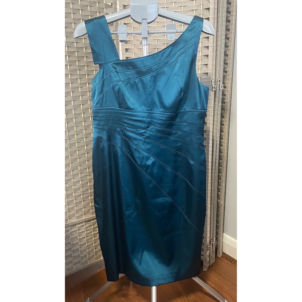 Adrianna Papell Boutique Teal Satin Asymmetrical Pleated Cocktail Dress 14